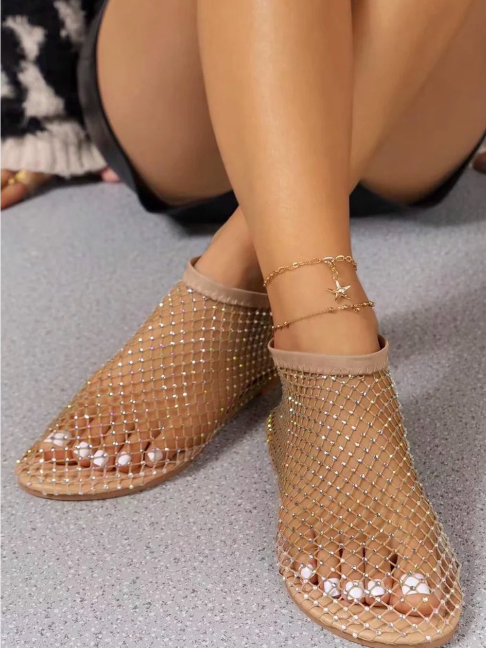 Rhinestone Mesh Slip-On Sandals in Nude